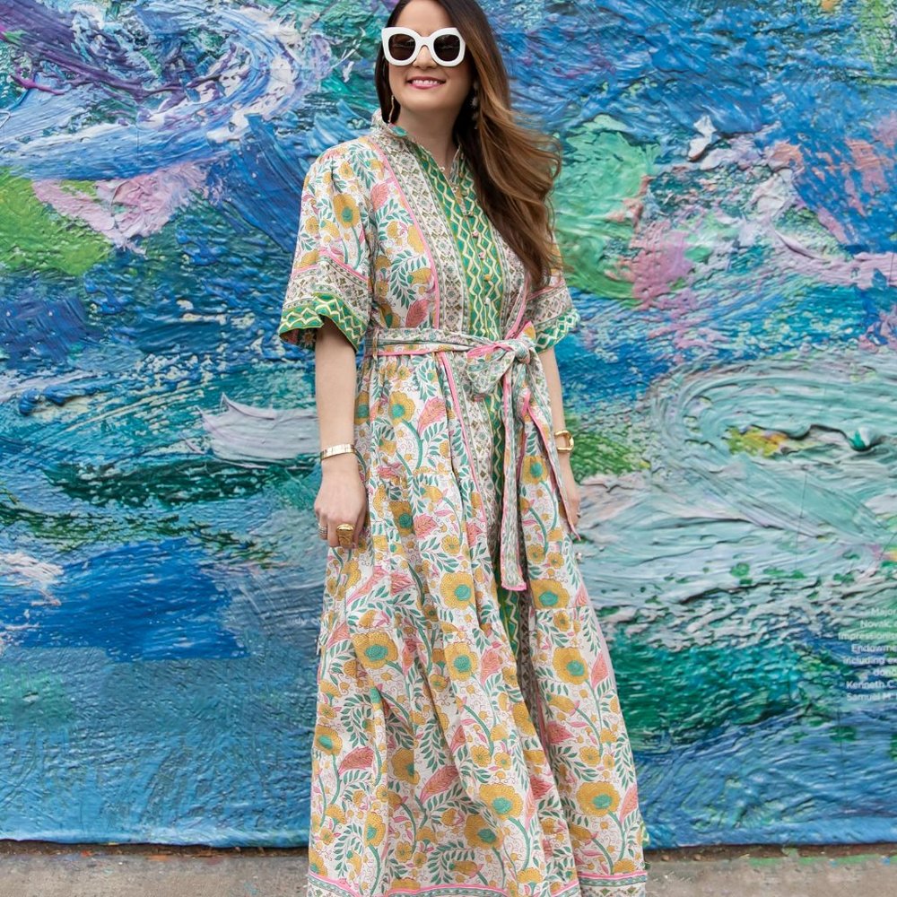 Sue Sartor Leontine Kaftan Dress Green/Pink/Turquoise